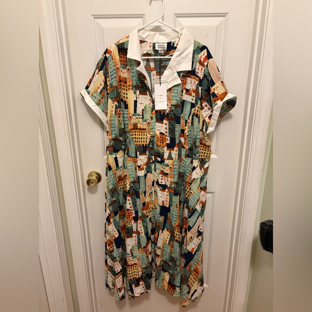 Unique Vintage Colorful Cityscape Print Dress